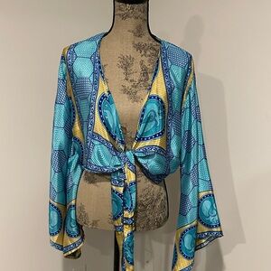 Funky Threads blue upcycled silk saree boho cropped cardigan wrap cover up OS